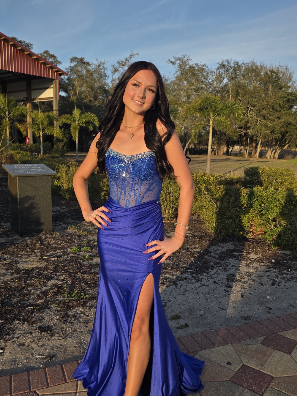 Royal Blue Strapless Beaded Prom Gown with Side Slit